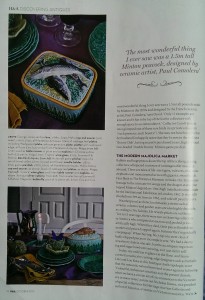 Green majolica plates, sardine dishes, game pie dishes, Palissy cup and saucer and various serving trays