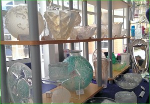 R. Lalique and WMF in a section of the Madelena Stand at the Cambridge Glass Fair, Linton, 2013