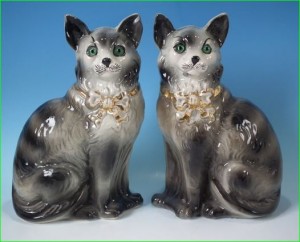 Pair green eyed cats, Staffordshire figures made in Scotland circa 1900