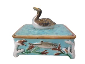 Majolica sardine box with diver finial, by George Jones, circa 1874.
