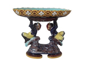 Majolica seated boys comport made by Joseph Holdcroft, circa 1880