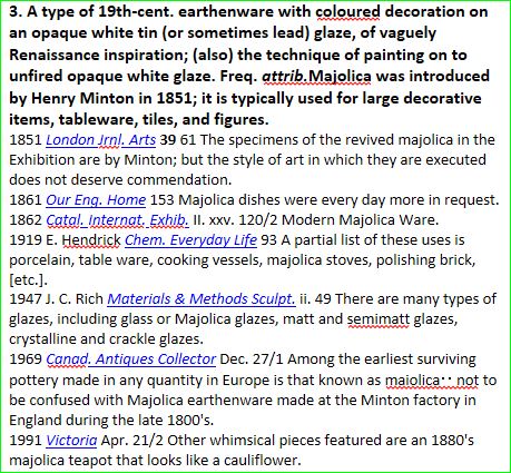 OED on line edition 2012, Majolica n. definition 3.