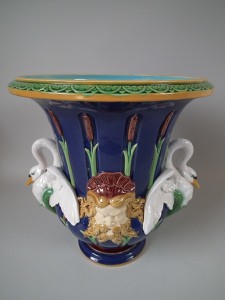 Minton Majolica jardinière circa 1873. Colored lead glazes.