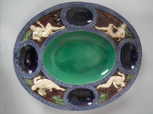 Minton Majolica lead-glazed platter with molded Juno, Neptune, Mercury and Selene. Full set of Minton marks and pattern number '367'.