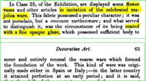 Dictionary Citation for a sense of majolica n. tin glaze flower vases