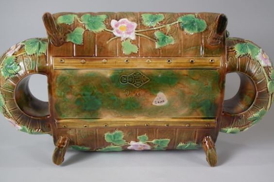  Majolica-makers' marks - G. Jones blue-tit strawberry server. British Pattern Registry Office 'lozenge' and Pattern Number in reserve.