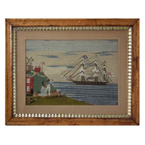 Antique Woolwork Embroidery Depicting Sailor's Farewell