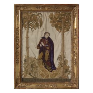 Antique Beadwork Embroidery Picture of a Monk