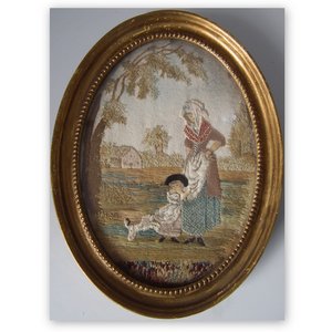 Antique Silkwork Embroidery of Lady, Child & Dog
