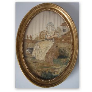 Antique French Silkwork Embroidery of a Girl with a Cat