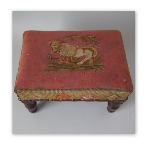 Victorian Footstool with Lion Embroidered Upholstery