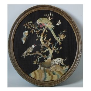 Antique Silkwork Embroidery of Birds in a Tree