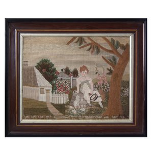 Embroidered Picture of Girl Feeding Chickens