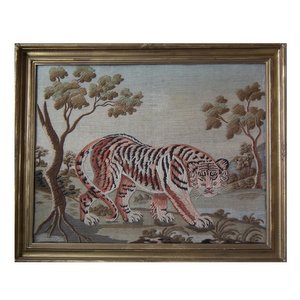 Victorian Woolwork Embroidered Picture of a Tiger