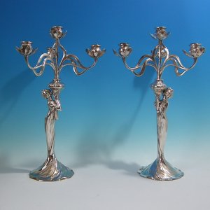 Pair Art Nouveau WMF 4-Branch Maiden Candelabra