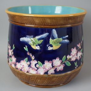 George Jones Majolica Blue Tit & Blossom Jardiniere