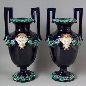 Pair Hugo Lonitz Majolica Satyr Vases