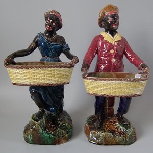 Pair Majolica Blackamoor Figures Holding Baskets