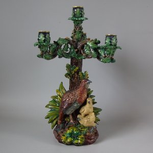 Hugo Lonitz Majolica Partridge and Chicks Candelabra