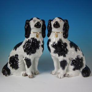 Very Large Pair Staffordshire Black & White Spaniels