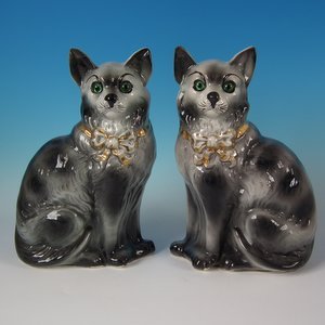 Pair Staffordshire Grey Cats with Glass Eyes