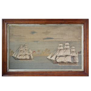 Sailor's Woolwork Picture of Two Ships in Tropical Waters