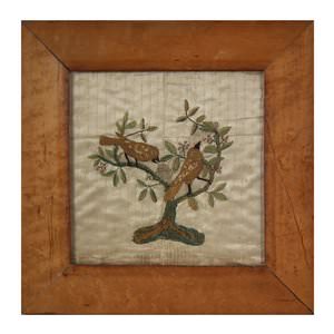 Antique Silkwork Embroidery of Birds in a Tree