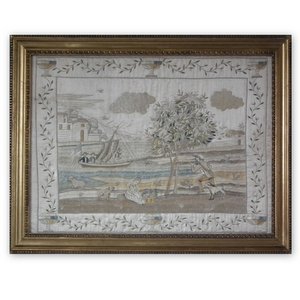 Antique Silkwork Coastal Scene Embroidery