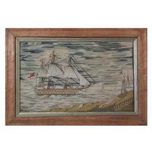 Antique Sailor's Woolwork Picture of a Ship Landing