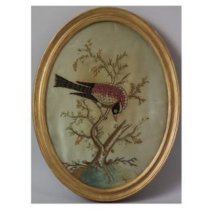 Antique Silkwork Embroidery of a Bird in a Tree
