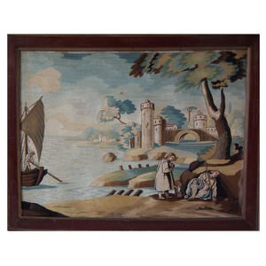 Antique Silkwork Coastal Castle Scene Picture Embroidery