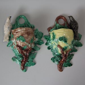 Pair JRL Majolica Bird And Nest Wall Pockets