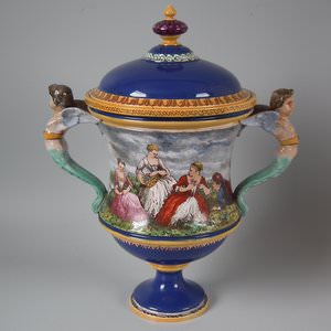 Rare Minton Tin-Glazed Majolica Pictorial Lidded Vase