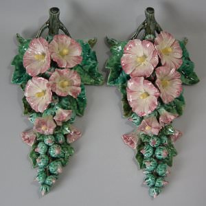 Pair French Majolica Floral Wall Pockets