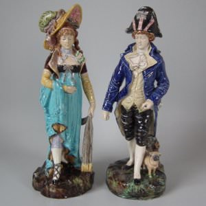 Pair German Majolica Lady And Gent Figures