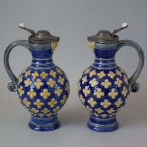 Pair Small Minton Majolica Pitchers With Mask Spouts