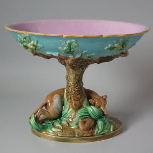 George Jones Majolica Dog under Oak Tree Compote