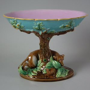 George Jones Majolica Dog under Oak Tree Compote