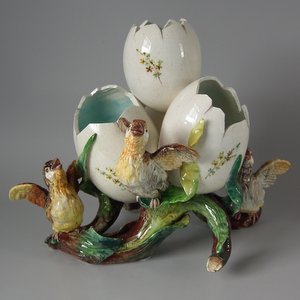 French Majolica Chicks And Eggs Vase