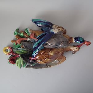 Large Majolica Hanging Game Birds Wall Pocket