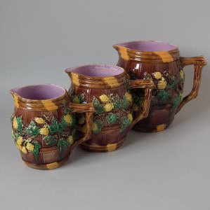 Set Of 3 George Jones Majolica Barrel And Hops Pitchers