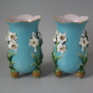 Pair Minton Majolica Daffodil Vases