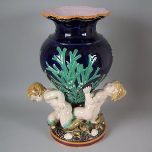 Minton Majolica Vase Supported By Three Merboys