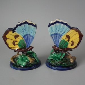 Pair Royal Worcester Majolica Butterfly Vases