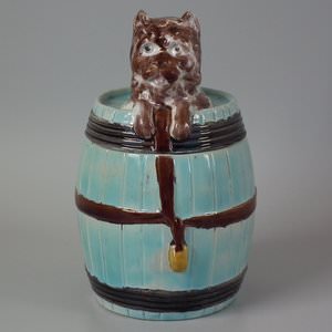 Majolica Dog in Barrel Tobacco Jar and Cover