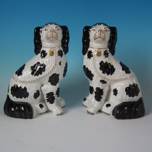 Pair Staffordshire Black & White Disraeli Spaniels