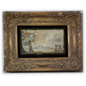 Small Antique Silkwork Castle Scene Embroidery