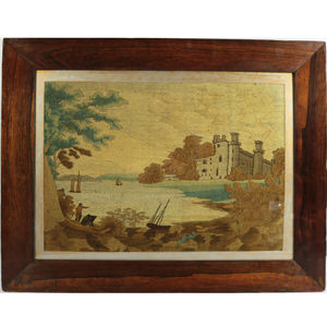 Georgian Woolwork Embroidered Picture - Castle by a Lake