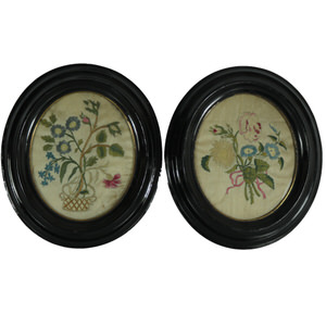 Pair Georgian Antique Silkwork Floral Embroideries