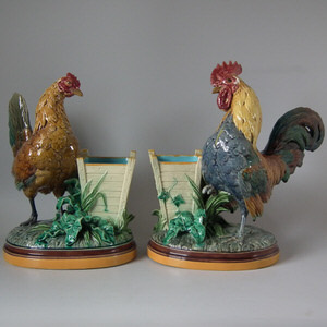 Pair Minton Majolica Hen & Rooster Vases by John Henk